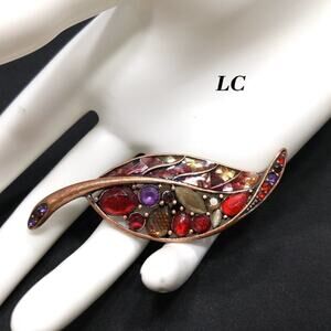 Vintage Liz Claiborne Leaf Rhinestone Brooch, Red Rhinestones, Copper, 2 7/8"